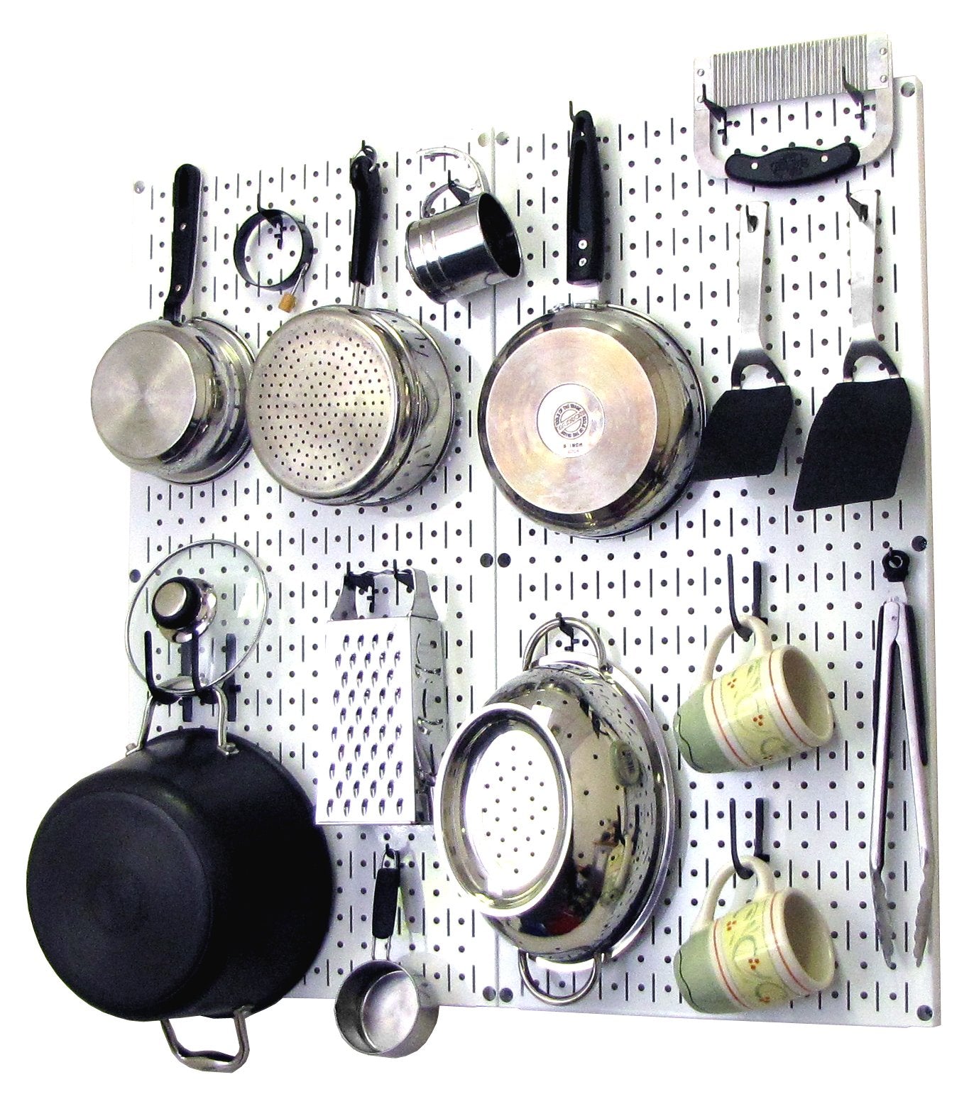 Wall Control Kitchen Pegboard Organizer Pots and Pans Storage Rack Organization Kit with White Pegboard and Black Accessories