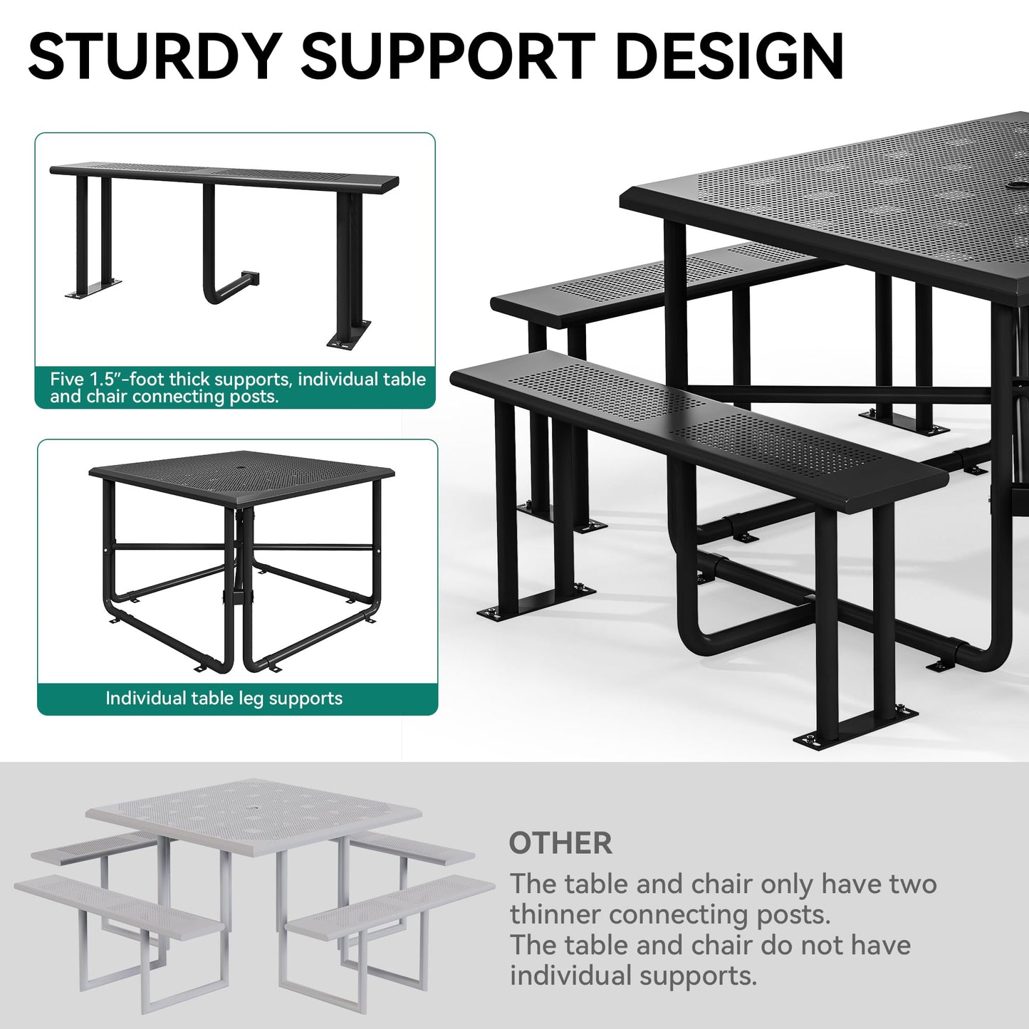 YITAHOME Coated Steel Picnic Table, 46" Heavy Duty Outdoor Picnic Table w/Sturdy Steel Frame & Umbrella Hole for Yard Patio Lawn Party, Square, Black