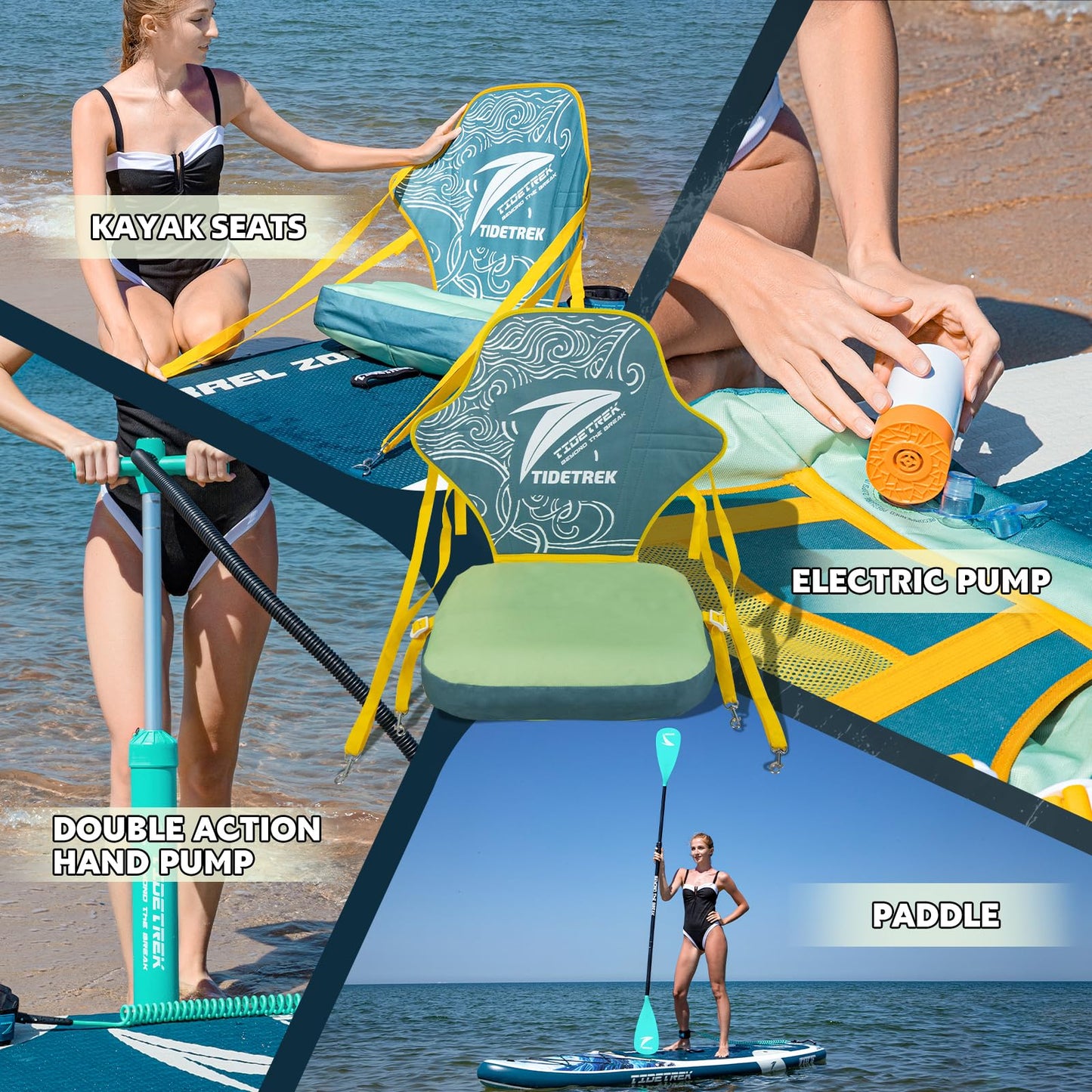 TIDETREK 11'/11'6" x 33"/34" x 6" Inflatable SUP Paddle Board – Extra-Wide, Stable Stand Up Paddle Board with Premium Full Accessory Set for Adults & Youth (Ocean Spirit/Kayak Seat, 11'x33 x6)