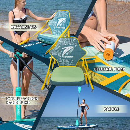 TIDETREK 11'/11'6" x 33"/34" x 6" Inflatable SUP Paddle Board – Extra-Wide, Stable Stand Up Paddle Board with Premium Full Accessory Set for Adults & Youth (Ocean Spirit/Kayak Seat, 11'x33 x6)