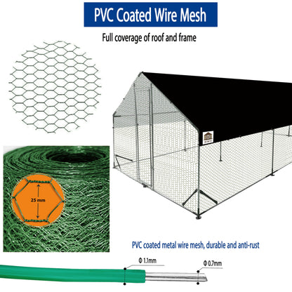 Chicken Runs for Yard with Cover, Metal Chicken Coop, Upgraded Anti-UV 180g/㎡ PE Cloth & 1.1mm Thickened PVC-Coated Hexagonal Chicken Wire Mesh & More Galvanized Steel Standpipes,19.7×9.8×6.4FT