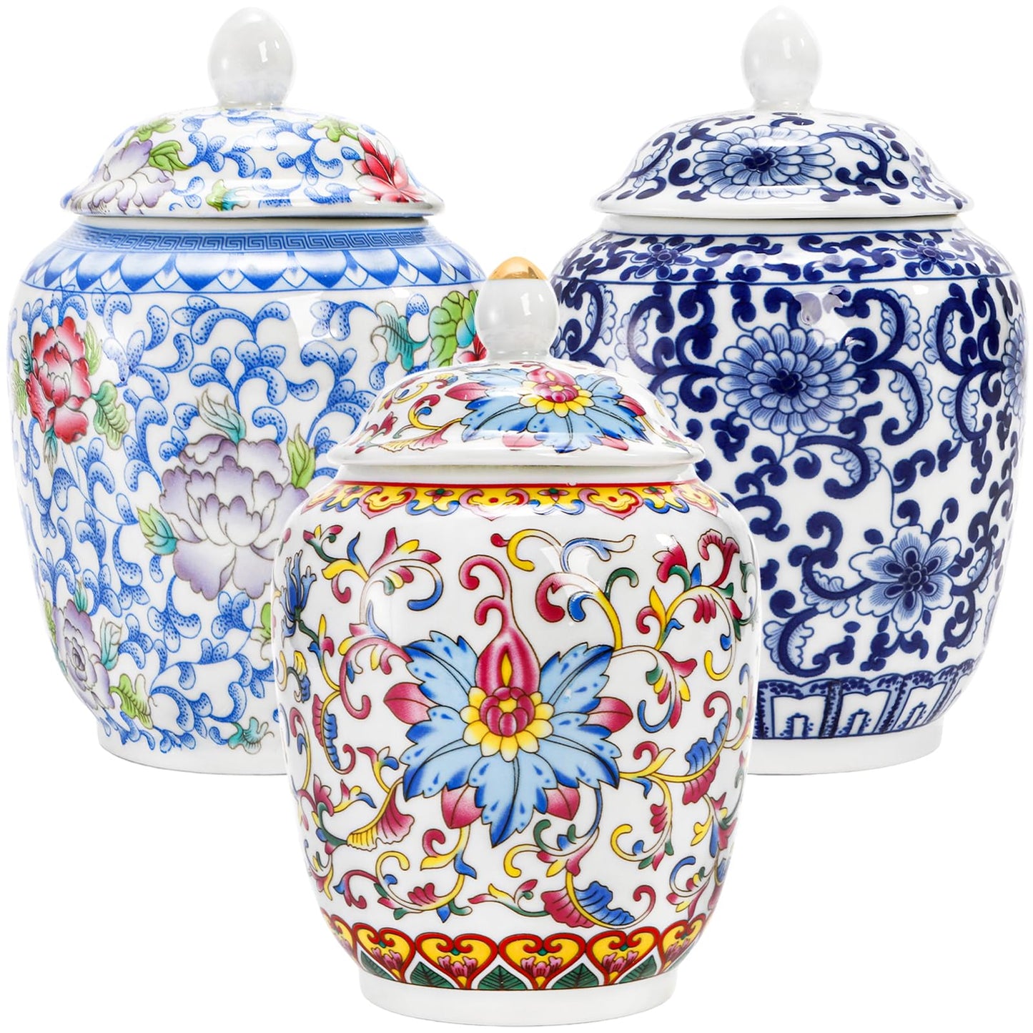 Okllen Set of 3 Small Blue and White Porcelain Salt Cellar with Airtight Lid, 250ml/ Approx. 1 Cup Sugar & Salt Crock Container Ceramic Spice Jar for Kitchen Countertop