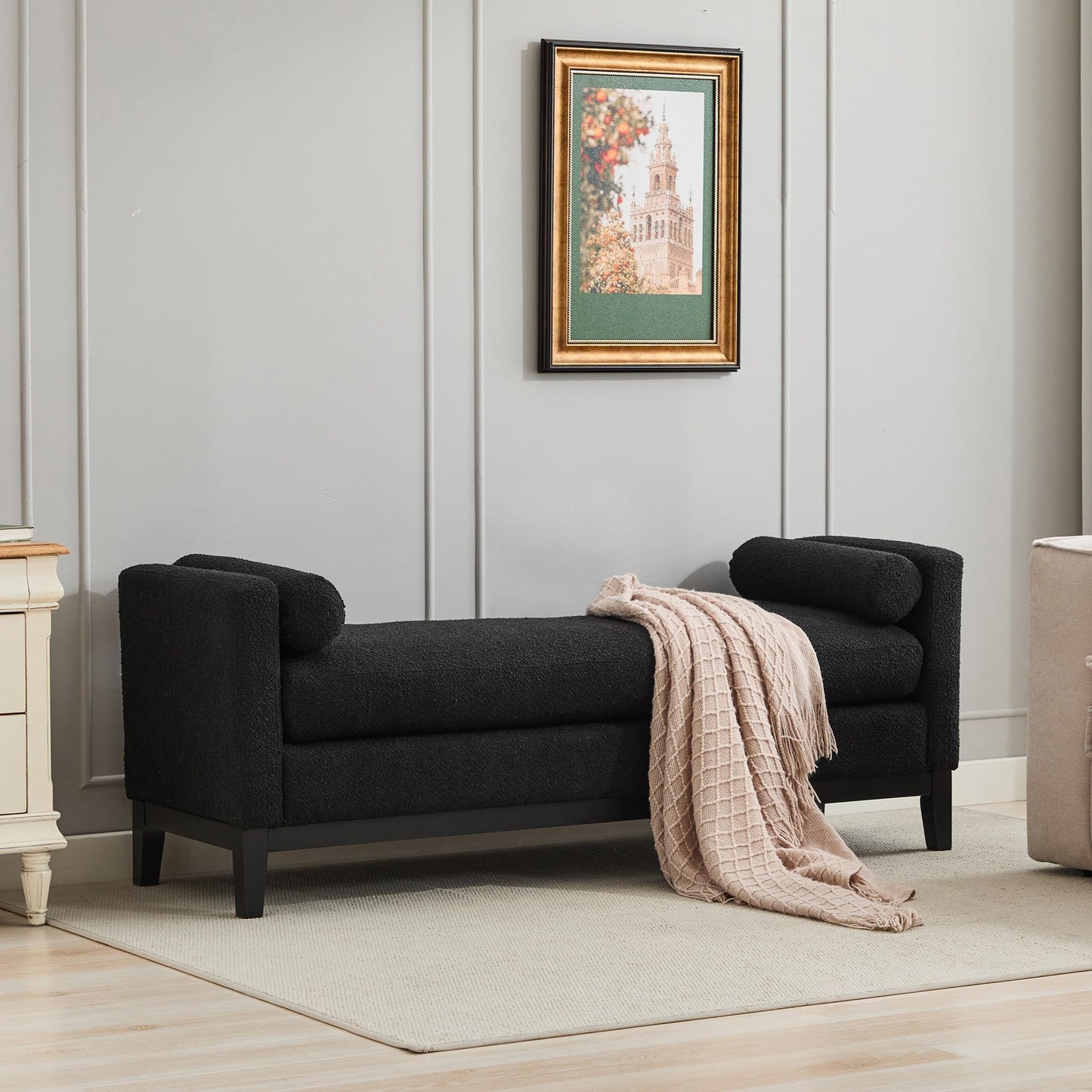 KEIKI Oversize Boucle Bench Ottoman with 2 Bolster Pillows & Wood Legs, Upholstered End of Bed Daybed Seating, Foot Rest Stool Furniture for Bedroom, Living Room, Entryway, Black