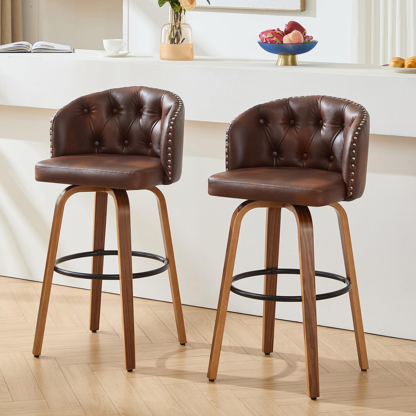 Dorlicecass 26" H Counter Height Bar Stools Set of 4，360°Swivel Bar Stools with Back,Seat Height Upholstered Counter Stools with Wood Legs and Footrest，Leather Farmhouse（Brown）