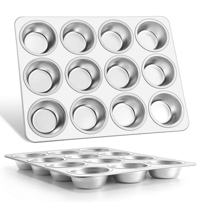 E-far Muffin Pan 12-Cup, Set of 2, Stainless Steel Cupcake Pan Metal Muffin Baking Tins for Oven, Regular Size & Easy Clean, Non-toxic & Dishwasher Safe