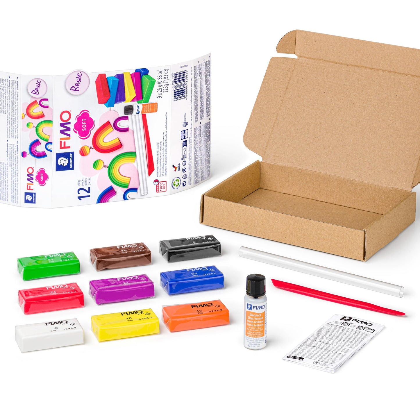 STAEDTLER 8023 10 FIMO Soft Oven-Hardening Polymer Modelling Clay - Starter Kit, Assorted Colours (Pack of 9 x 25g Half Blocks & Accessories)