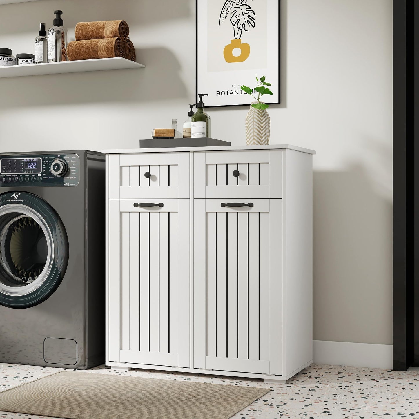 Laundry Cabinet with 2 Removable Laundry Basket 2 Drawers Durable and Easy to Clean Tilt Out Hamper Organization Storage Sorters for Bathroom Living Room Entryway Particle Board White