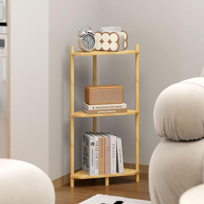 Wisuce Essentials 3 (Natural3 Corner Shelf Stand - Tier Bamboo Small Corner Bookshelf for Office Kitchen Bedroom Plant