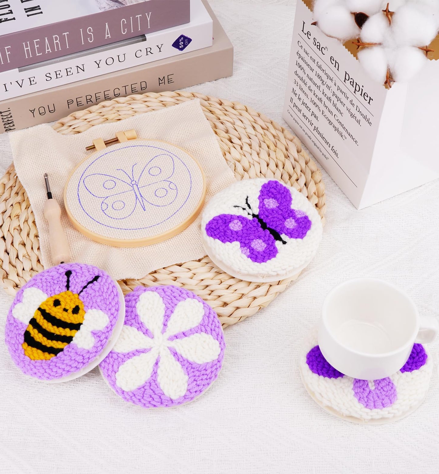 Nuoviyiya Punch Needle Kit for Adults Beginner - Complete Punch Stitching Kits with 6 Patterned Fabrics, Felt, Yarns, Tools and Instructions - Easy Embroidery Coaster Kit for Craft Enthusiasts