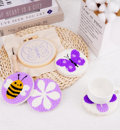Nuoviyiya Punch Needle Kit for Adults Beginner - Complete Punch Stitching Kits with 6 Patterned Fabrics, Felt, Yarns, Tools and Instructions - Easy Embroidery Coaster Kit for Craft Enthusiasts