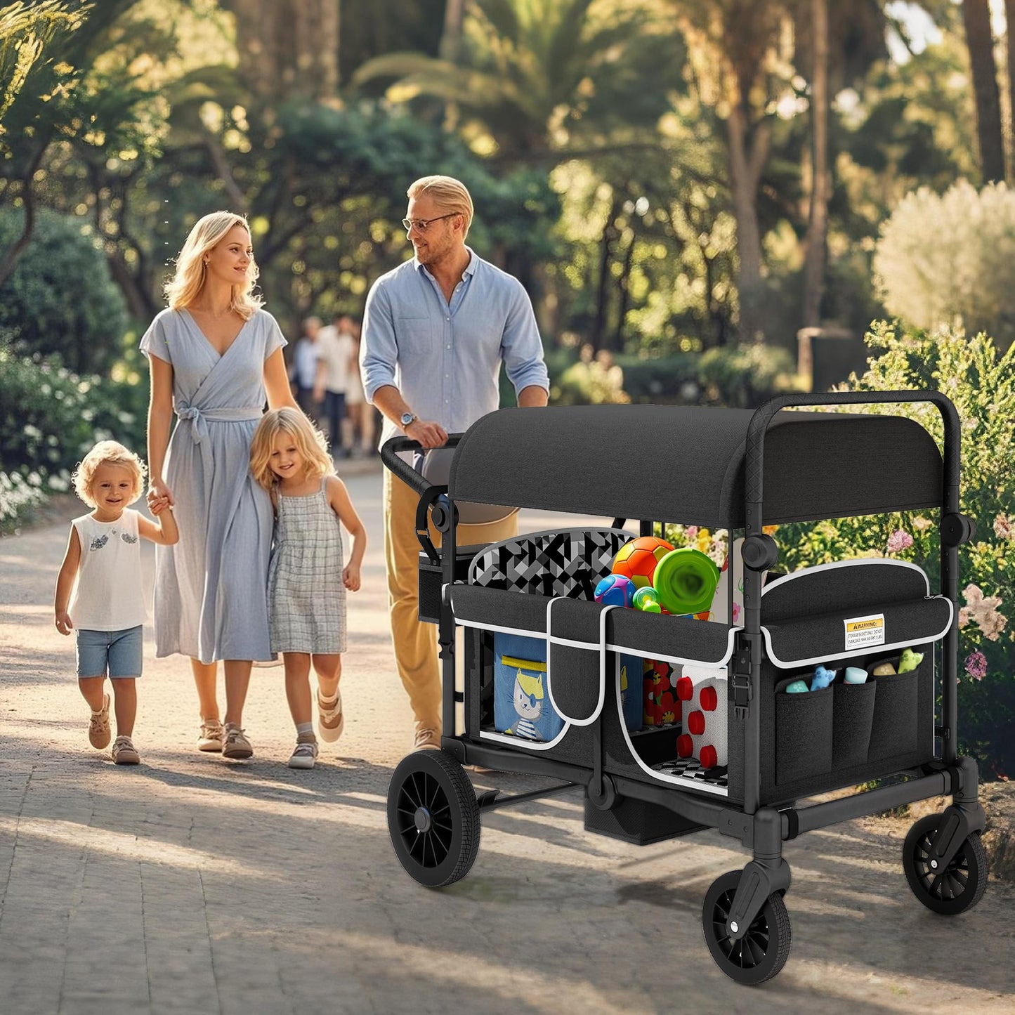TOLEAD Wagon Stroller for 4 Kids, Foldable 4 Seats Outdoor Stroller Wagon with Canopy, Adjustable Handlebars, 5-Point Safety Harness, Detachable Tray, Portable Bag (Black)