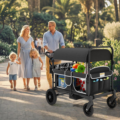 TOLEAD Wagon Stroller for 4 Kids, Foldable 4 Seats Outdoor Stroller Wagon with Canopy, Adjustable Handlebars, 5-Point Safety Harness, Detachable Tray, Portable Bag (Black)