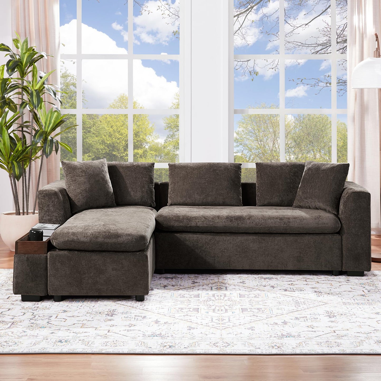 Merax 93.7" L-Shaped Sectional Sofa with Wooden Storage Compartment, Chenille Upholstered Deep Seating Sleeper Couch & Chaise Lounge and Throw Pillows for Living Room, Brown