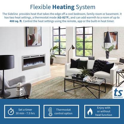 Touchstone Sideline Deluxe -Stainless Steel Smart Electric Fireplace- 50" Wide- Alexa/WiFi-Enabled- in Wall Recessed- 5 Flame Settings- 9 Flame Colors- 1,500W Heater- Log & Crystal Options- 86273