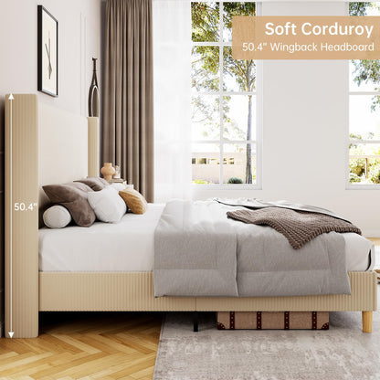 IDEALHOUSE King Size Upholstered Bed Frame with Channel Tufted Wingback Headboard, Wooden Slat Support, Noise-Minimizing Design, No Box Spring Needed, Beige