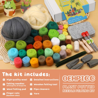 OEHPICC Needle Felting Kit - 10 Pack Plant Pot Needle Felting Starter Kit, Felting Kits with Basic Felt Tools, Clear Instructions for Beginner Adult Craft Kit, DIY Craft Plant Decor Present