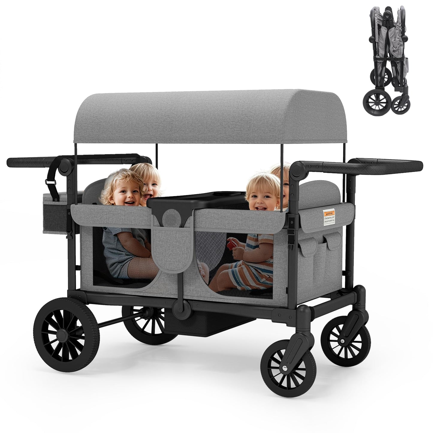 TOLEAD Wagon Stroller for 4 Kids, Foldable 4 Seats Outdoor Stroller Wagon with Canopy, Adjustable Handlebars, 5-Point Safety Harness, Detachable Tray, Portable Bag (Grey)