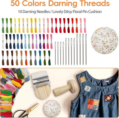 PHOXPH Mini Darning Loom Kit, Mushroom Knit Patch Kit, PatchMaker Mending Tool with 50 Colors Yarn, 14 Hooks, Weaving Loom for Socks, Jeans & Sweaters, Clothes Repair, Fixing Kit for Beginners