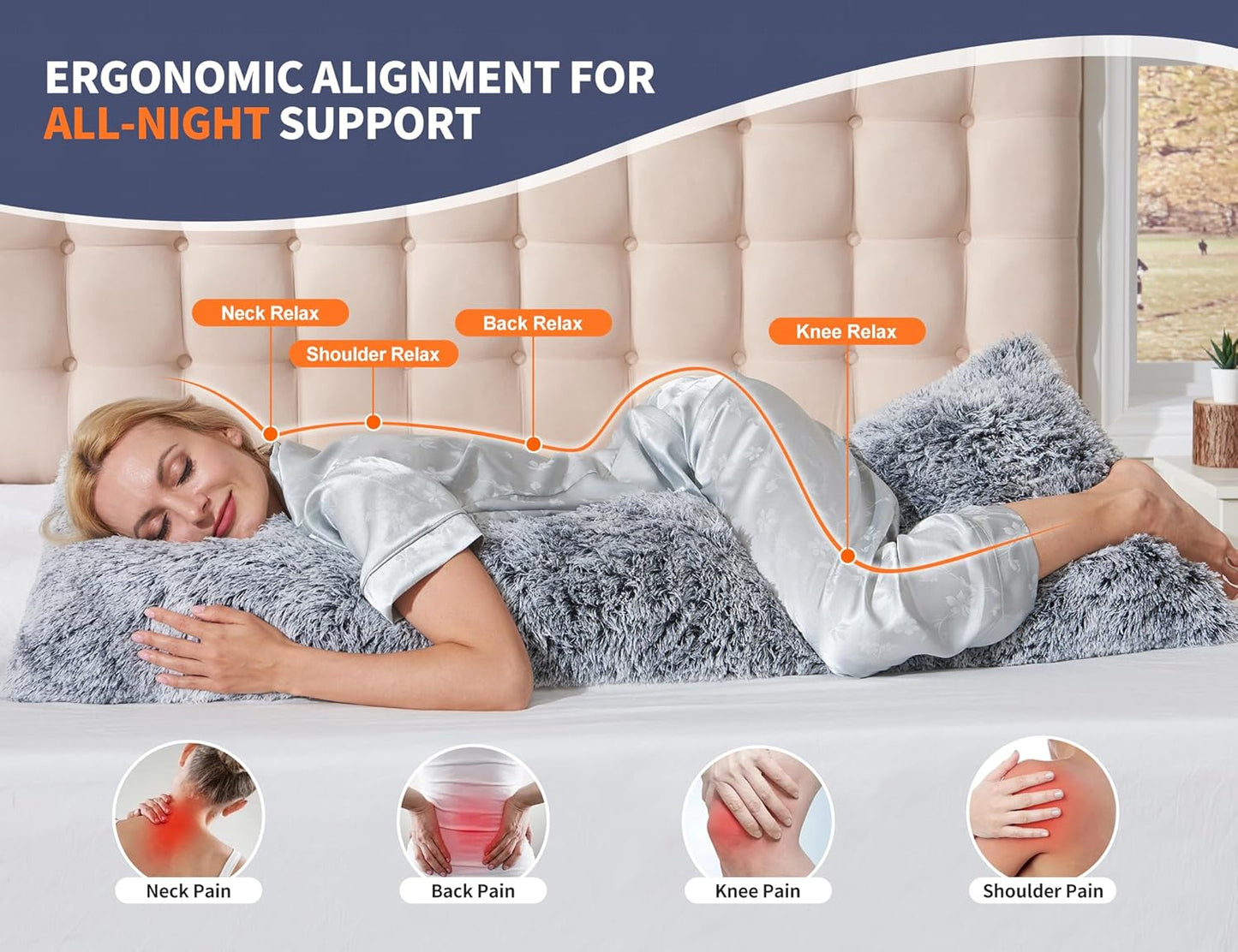 20x54 Fluffy Full Body Pillow for Adults Long Big Body Pillow Cover Pillowcase with Memory Foam for bed Grey Pregnancy
