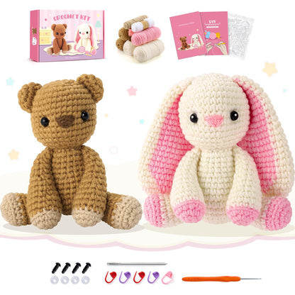 Crochet Kit for Beginners, Bunny and Bear Crochet Kit with Step-by-Step Video Tutorials, Bunny Crocheting Kit for Starter, Beginner Crochet Kit for Adult, Stuffed Animal Knitting Kit for Birthday
