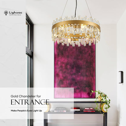lighceac 21.7" Gold Modern Crystal Chandelier Light Fixtures Luxury 2 Rings Crystal Chandeliers for Dining Room 12-Light Round Hanging Pendant Lighting for Living Room Kitchen Island Entryway Bedroom
