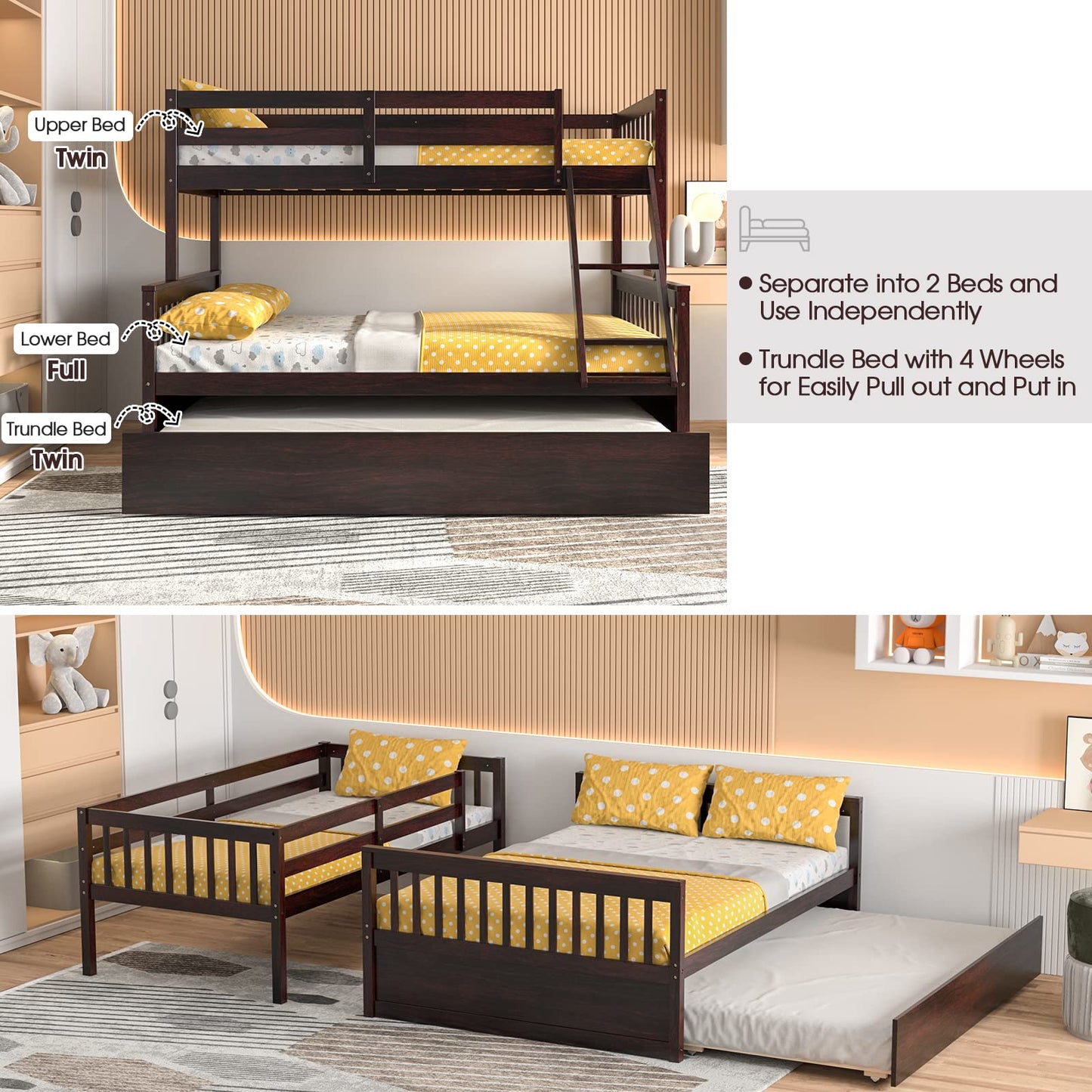 Giantex Twin Over Full Bunk Bed with Trundle, Convertible Platform Bed Frame with Ladder, Solid Wood Frame & Safety Guardrails, Space-Saving Bunk Bed for Teens & Kids, No Box Spring Needed, Espresso