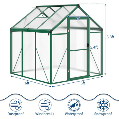IDEALHOUSE 6×6 FT Greenhouse, Large Walk in Greenhouses for Outdoors and Garden Planting, Polycarbonate Greenhouse with Enhanced Aluminum Frame, Green Houses with Quick Setup Structure and Roof Vent