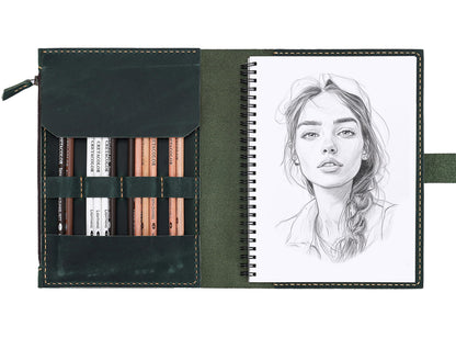 Fasjosma Leather Sketchbook Cover for A5/5.5"x8.5" sketch pads - Handmade Genuine Leather Artist Case with Pencil Holder & Zipper Pocket, Professional Drawing Supplies(Green, 5.5"x8.5")