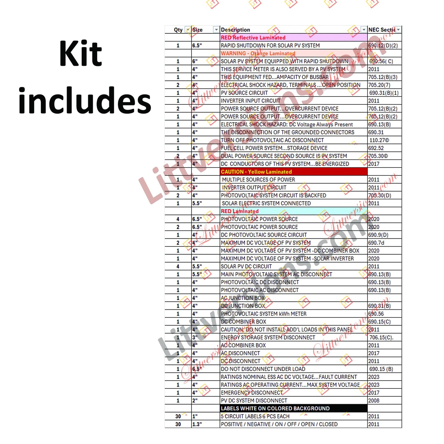 Littversions Ultimate 115 Pack 2017/2020/2023 NEC Code Compliant Photovoltaic Solar System Label Kit Electrical Panel Safety Stickers Outdoor Rated Laminated Strong Adhesive Waterproof