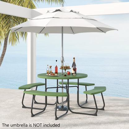 HAPPYGRILL 8-Person Picnic Table Bench Set with Umbrella Hole, 43” Outdoor Dining Table w/4 Benches, Wood-Like Texture Tabletop, Stable U-Shaped Base, Round Table for Backyards, Green