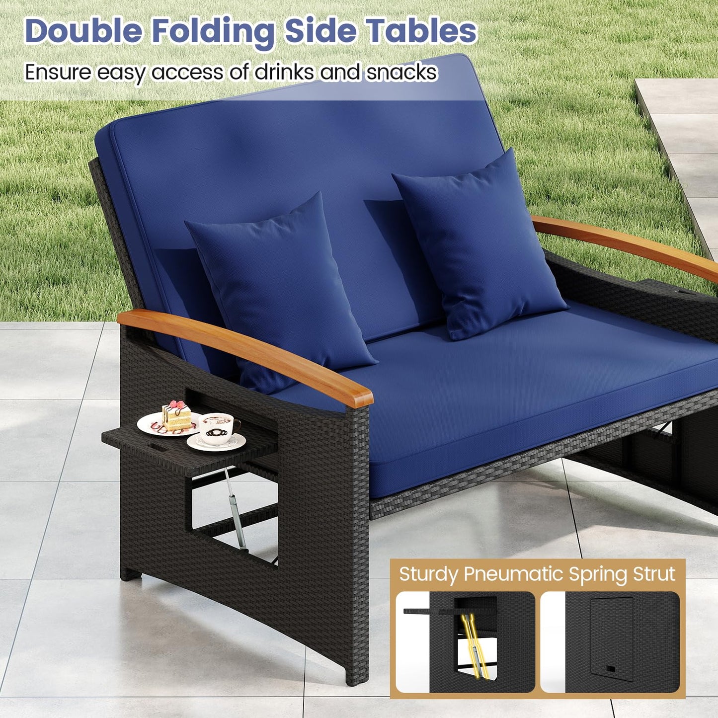 Tangkula Patio Rattan Daybed with 4-Level Adjustable Backrest, Outdoor Wicker Loveseat with Acacia Wood Armrest, Storage Ottoman & Folding Tray, Double Sunbed for Yard & Poolside (Navy & Black)