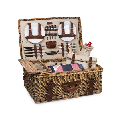 PICNIC TIME Charleston Luxury Picnic Basket for 4, Romantic Vintage English-Style Wooden Basket, Complete Deluxe Service With Blanket, Suitcase-style Handle and Genuine Cowhide Leather, (Beige Canvas)