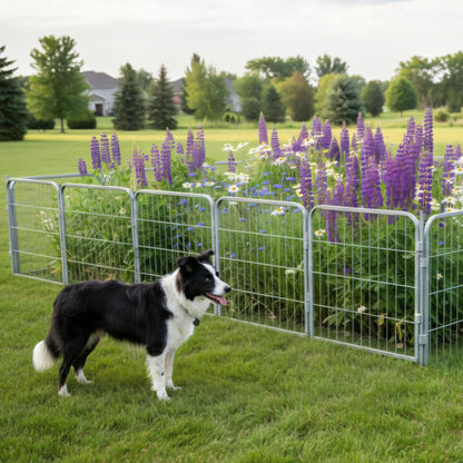 Kozy Kennels Decorative Outdoor Garden Fence - 32in, 8 Panels - Grey Heavy Duty Metal Fencing w/Anti-Rust Coating & Extra Wide Gate for Yard, Flower Bed Border, Dog & Animal Barrier