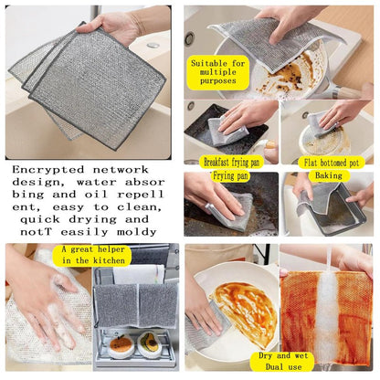 Double layer metal wire scratch free cloth, dry and wet dual-purpose metal wire dishwashing cloth, suitable for kitchen cleaning, cookware, tableware, sink, stove, etc., easy to rinse (10 pieces)