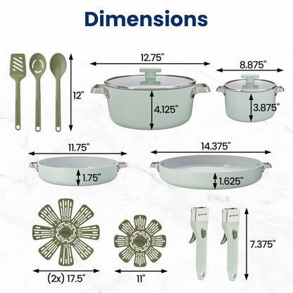GoodCook Ceramic Cookware Set 14-Piece with Removable Handles, Nonstick Pots & Pans, Induction & Oven Safe, Sage Green