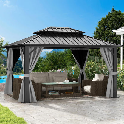 DWVO 10x12ft Hardtop Gazebo Double Roof with Nettings and Curtains, Heavy Duty Galvanized Steel Outdoor Vertical Stripes Roof for Patio, Backyard, Deck, Lawns, Grey
