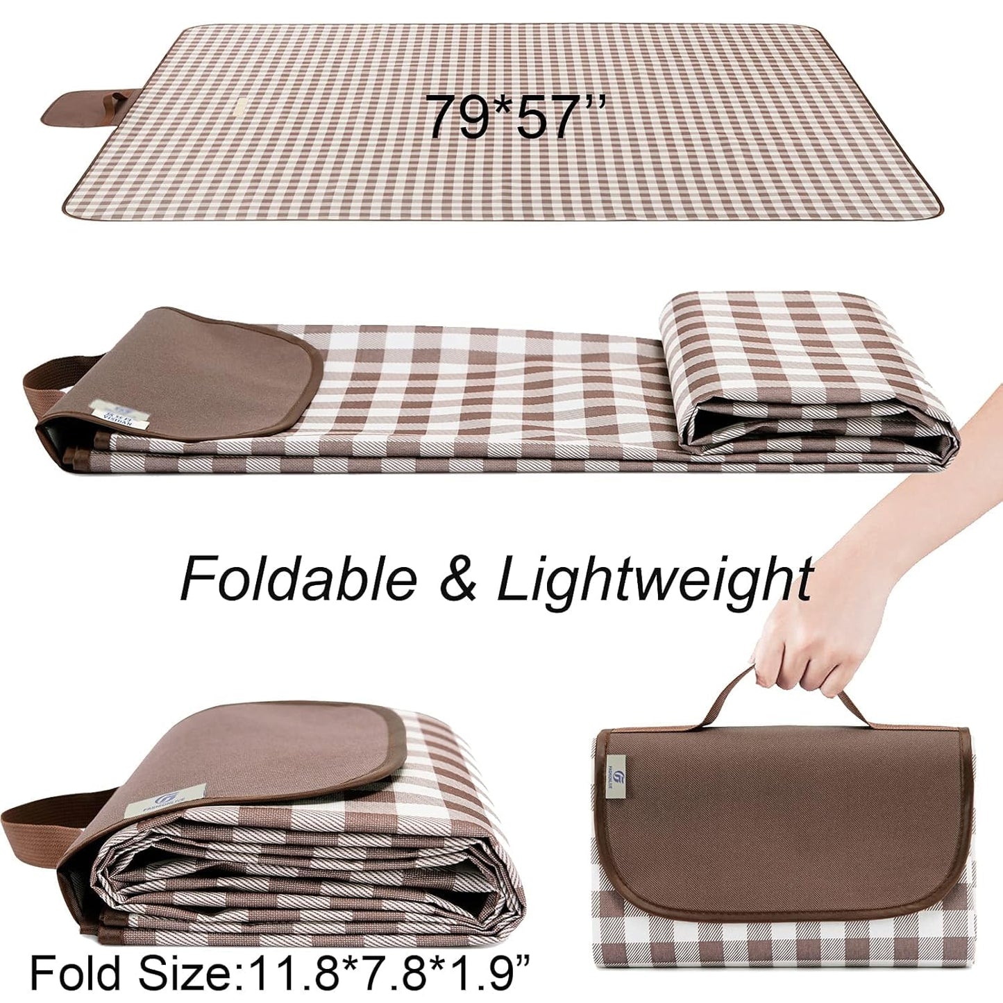 HX&OD Picnic Blanket Outdoor Extra Large Picnic Mat 80"X60" Camping Blanket Beach Blanket Foldable Waterproof Sand Mat Hiking Travel Family Concerts(Brown)