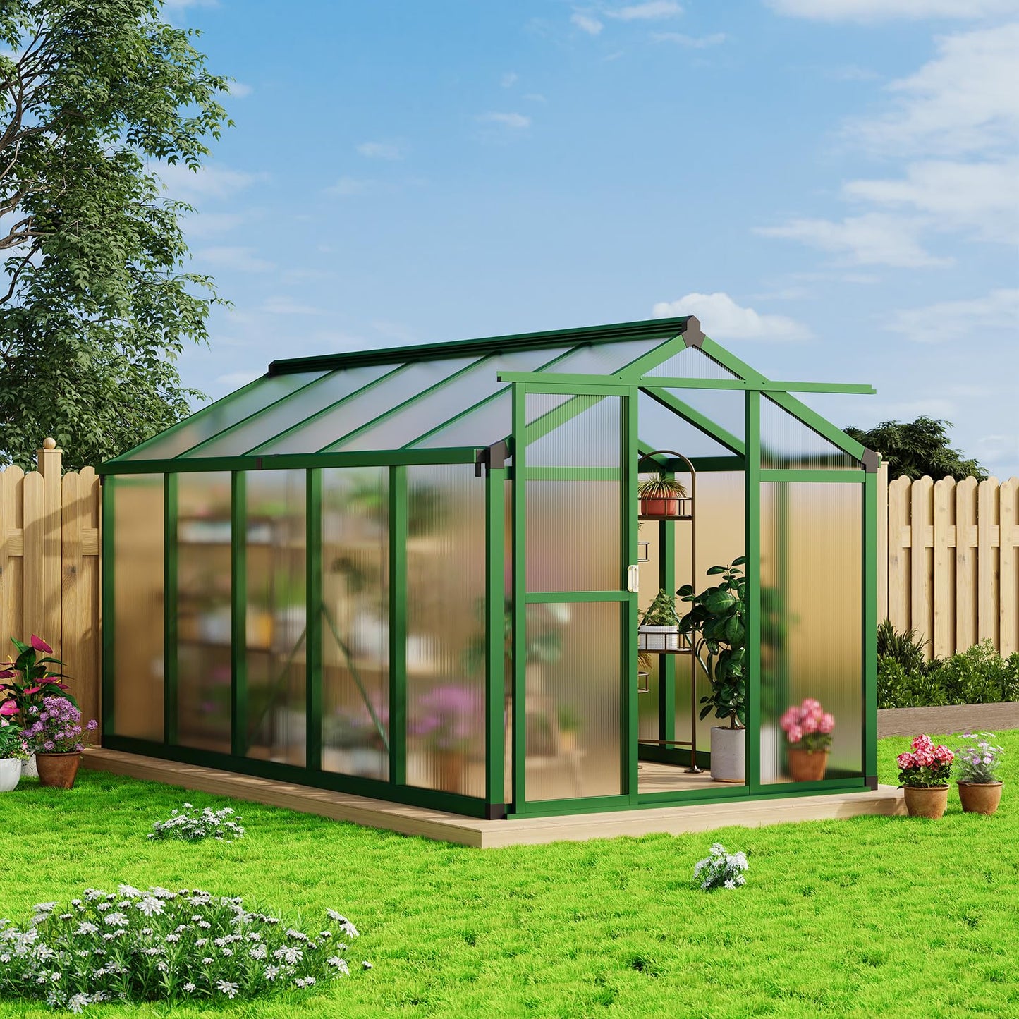 GAOMON Walk in Polycarbonate Greenhouse for Outdoors, 6 x 10 ft Backyard Greenhouse with Reinforced Aluminum Frame, Roof Vent, Lockable Door, Rain Gutter, Easy Assembly, Green