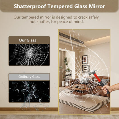 Mirrorons 76"x44" Oversized Full Length Mirror, Floor Standing or Wall Mounted with Hanging Kit, Shatterproof Tempered Glass Mirror for Living Room, Bedroom, Dressing Room, Gym (Gold)