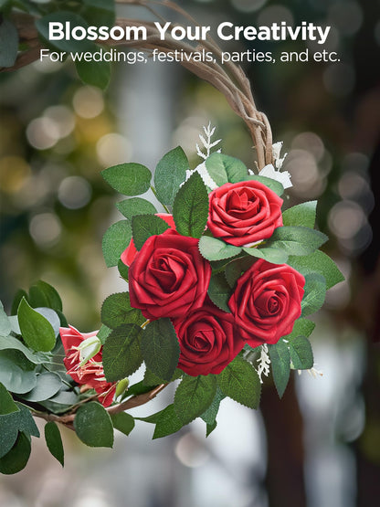 InnoGear Artificial Flowers, 50 Pcs Dark Red Foam Fake Roses Bulk with Stems for Mother's Gift Decoration Celebration DIY Wedding Bouquets Centerpieces Bridal Shower Party Christmas Tree
