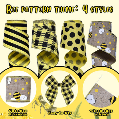 Ribest Bumble Bee Ribbon Wired, 2-1/2 Inch Polka Dot Striped Plaid Black and Yellow Decorative Ribbon for Wreaths Crafts Gift Wrapping Bows Making Summer Decoration, 4 Rolls Total 20 Yard