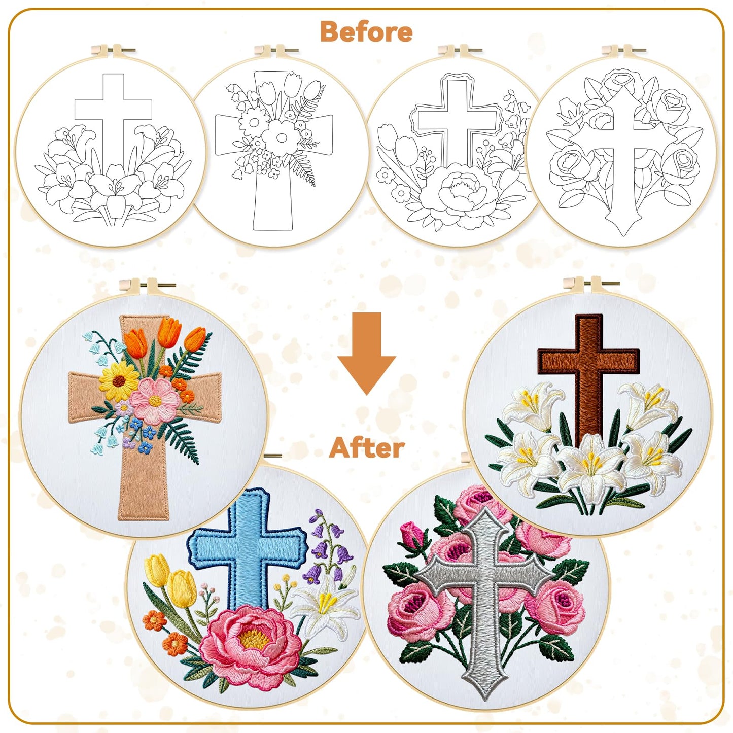 BEUNITONE Cross and Flowers Embroidery Kit for Beginners, DIY Stamped Needlepoint Craft with 4 Easy Patterns, Complete Starter Set for Relaxing Mindfulness Art and Creative Gift for Adults