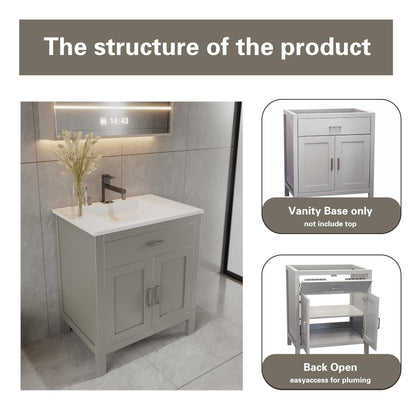30" Light Grey Bathroom Vanity Base Only – Freestanding Solid Wood Sink Cabinet with Tip-Out Drawer, Shaker Style Storage, No Top or Sink, 30" W x 21" D x 34.5" H