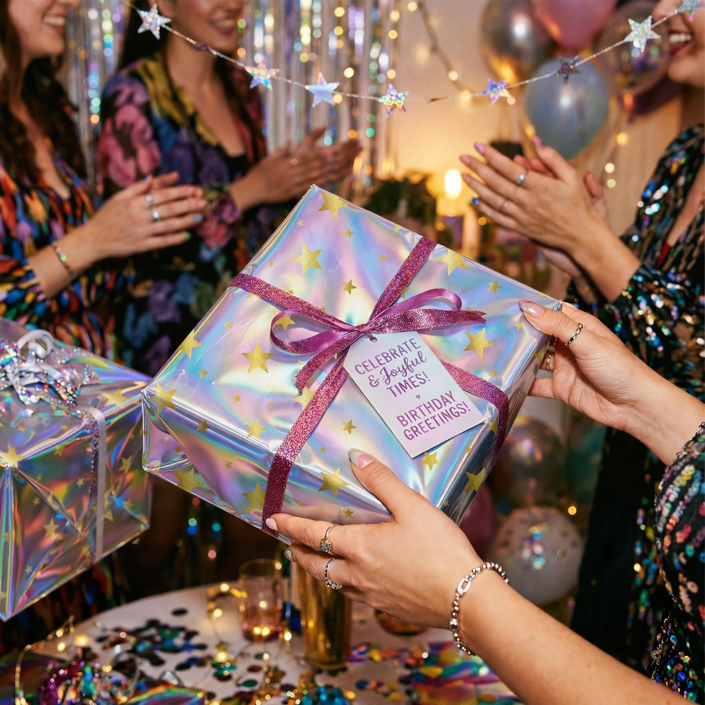 Cheerland Iridescent Gift Wrap Gold Star Holographic Wrapping Roll Foil Metallic Stars for Birthday Disco Baby Shower Celestial Starry Night Galaxy Wedding Bridal Halloween Euphoria Party Supplies