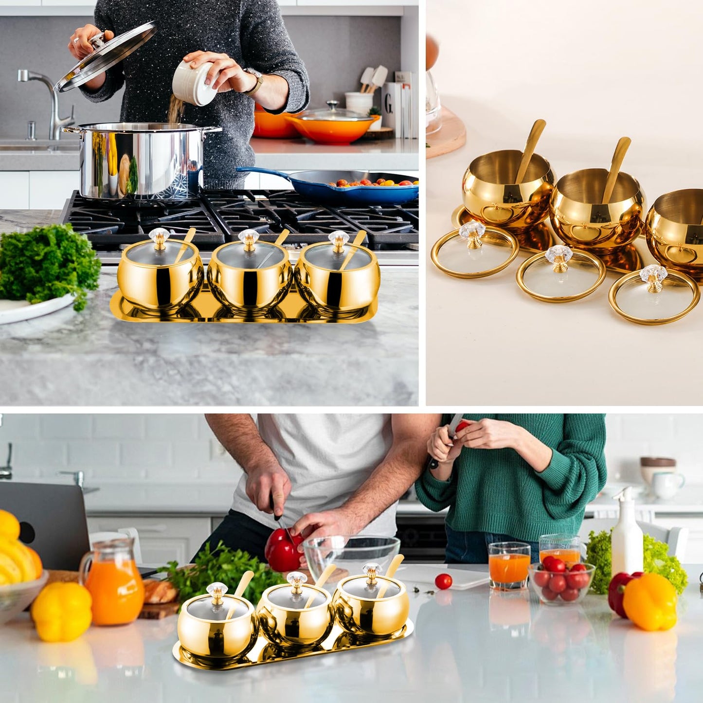 KEJJRIUTN 304 Stainless Steel Seasoning Containers Set, Condiment Jar Spice Container with Lid Spoon and Tray