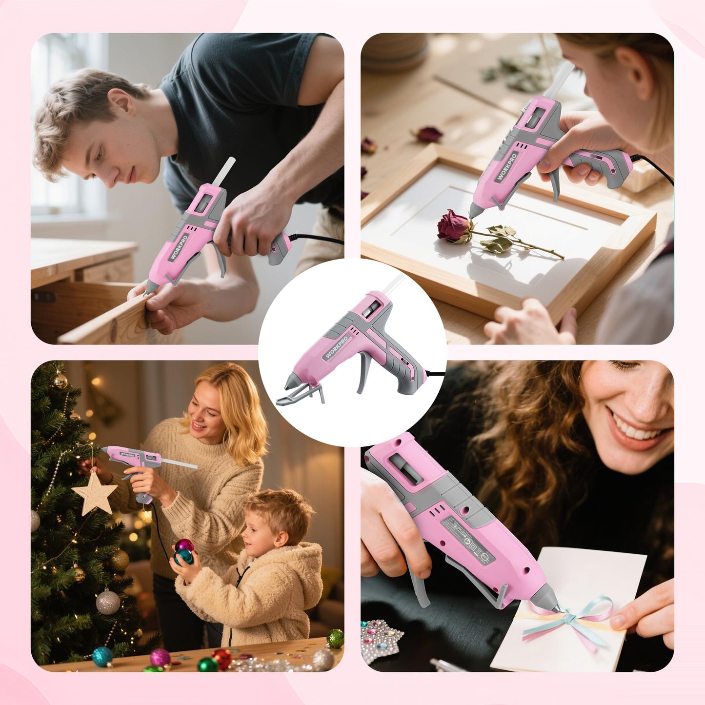 WORKPRO Hot Glue Gun Full Size - 60/100W Dual Temp Glue Gun and Sticks Set with 10 PCS Glue Sticks (7/16") - 90S Fast Preheating Hot Glue Gun for Construction, Crafting, DIY and Repairs - Pink Ribbon