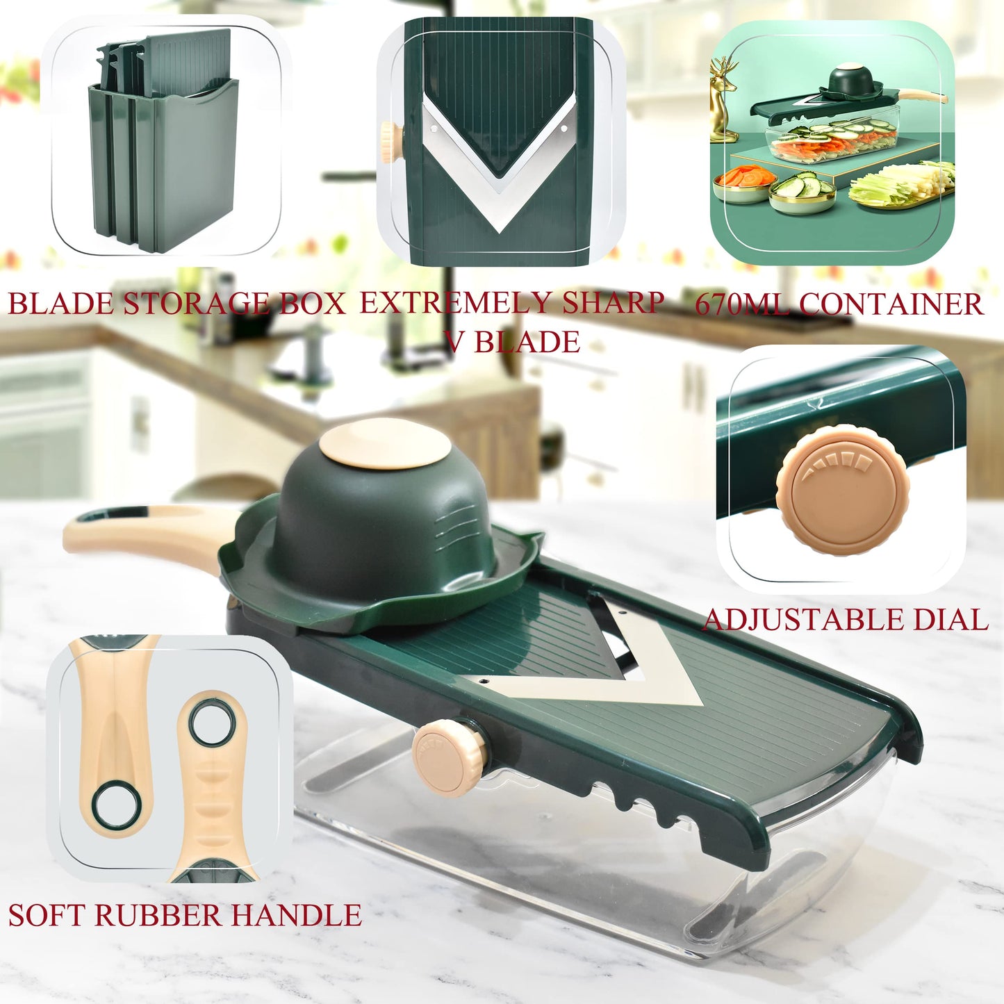 NACOLUS Adjustable Mandoline Slicer for Kitchen - Ultra Sharp V-Blade with Container, Julienning Slicer for Potatoes, Apples, Onions, Tomatoes