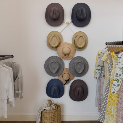 SKOLOO Large Hat Rack for Wall, Wooden Accordion Wall Hanger, Modern, Expandable Coat Hooks, Hat Display Rack for Home, Office, and Studio, 11 Peg, Natural & White