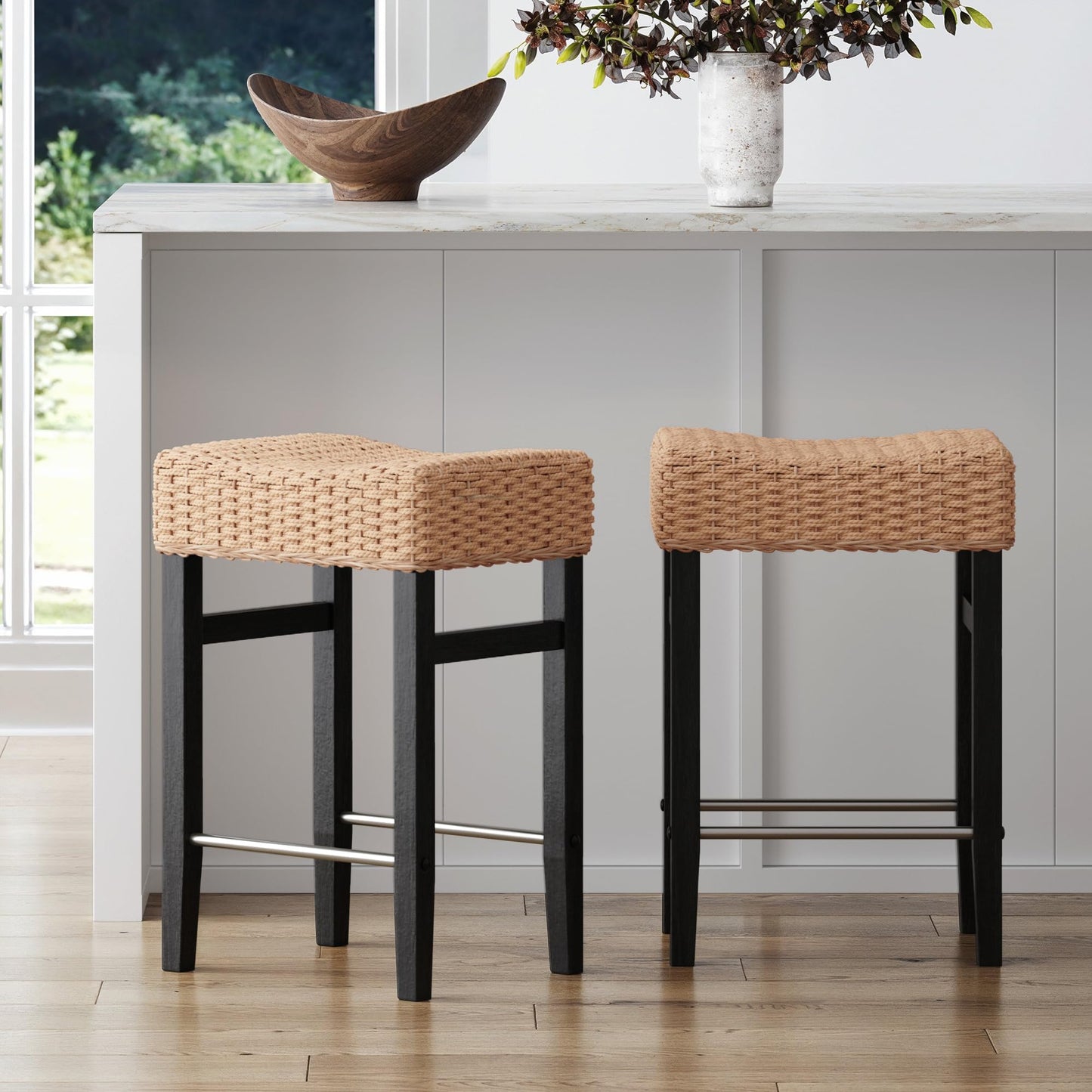 Nathan James Harvey Rattan Bar Stool, Bohemian Counter Height Stool with Woven Seagrass Seat, Solid Wood Legs, and Metal Footrest Seagrass/Brushed Black, Set of 2