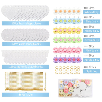 36 Sets Sublimation Blanks for Making Car Cup Charms, Tumbler Cup Accessories for DIY Heat Transfer Craft Gifts, Contains Glitter Blanks Daisy Charms Chains Jump Rings